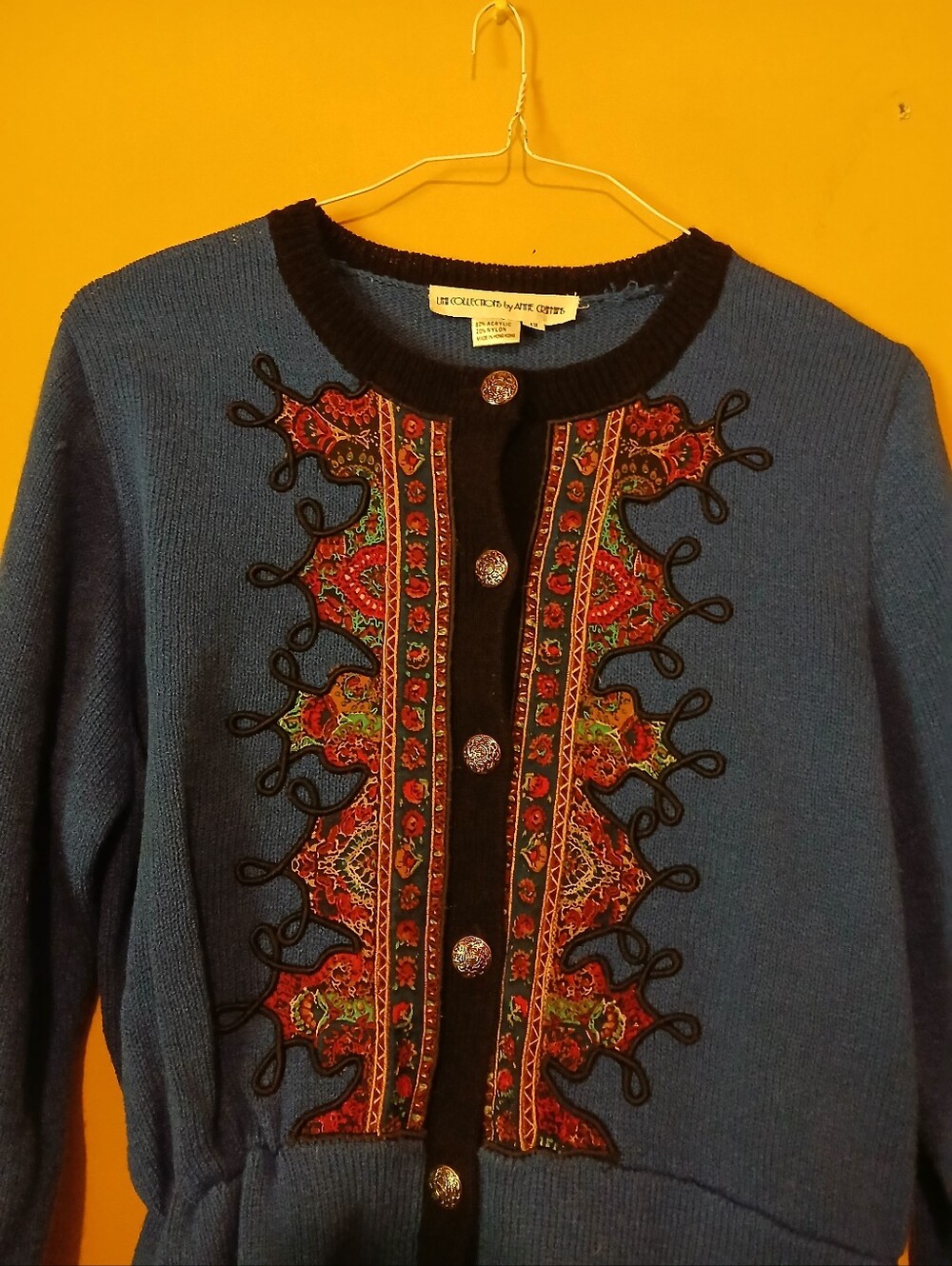 Embroidered Blue Cardigan Sweater with Decorative Trim
